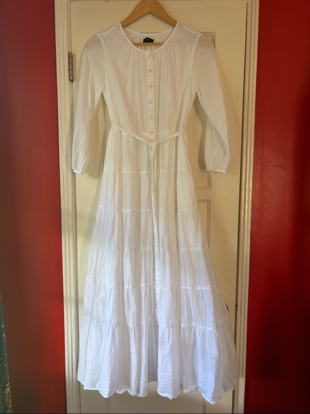 JCREW White Long Sleeve Tiered Maxi Dress with Waist Tie